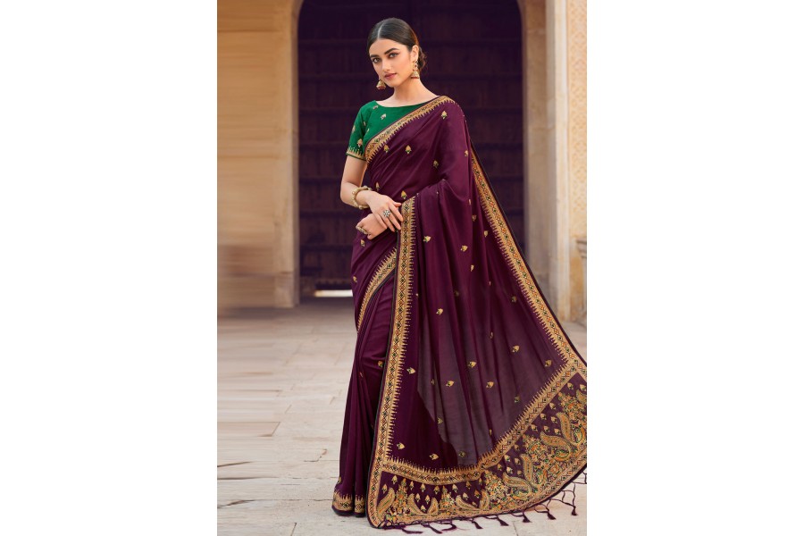 Women's Satin Silk Wine Embellished Designer Saree With Blouse Piece