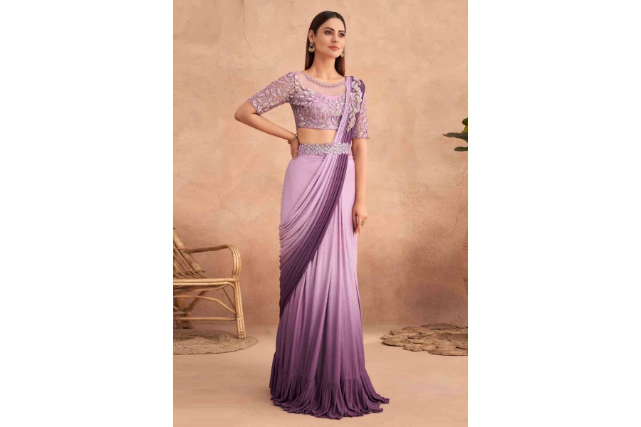 Women's Satin Silk Purple Embroidered Designer Saree With Blouse Piece