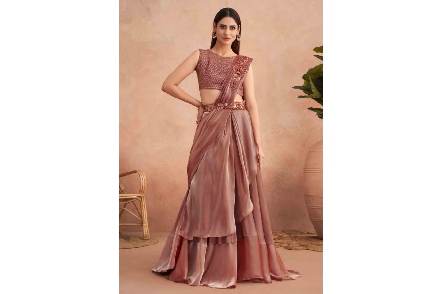 Rust Printed Saree With Embellished Blouse