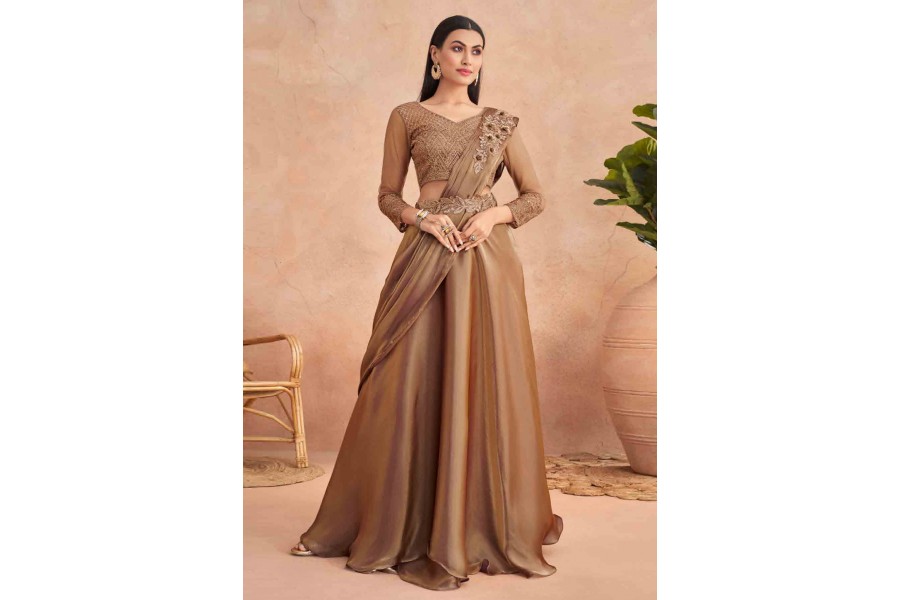 Brown Color Thread Embroidery Silk Lehenga - Clearance