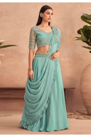 Pink and Green and Blue Net Lehenga Saree With Velvet Blouse - ZAHARA -  693149