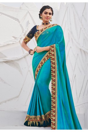 Aqua satin saree with blouse 2610