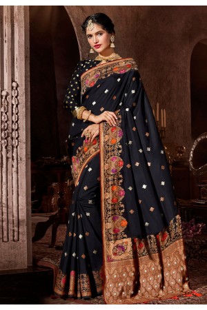 Black banarasi silk festival wear saree 96653