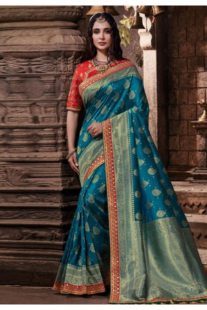 Blue banarasi silk festival wear saree 96647