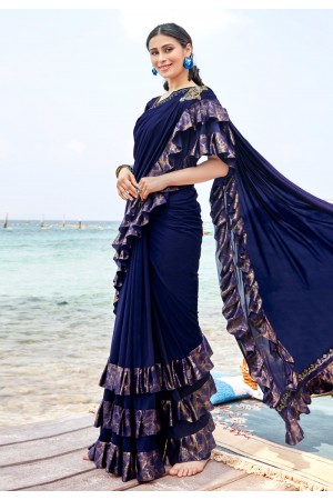 Blue lycra ruffle border festival wear saree 8857