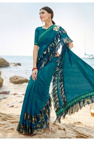 Blue lycra ruffle border saree with blouse 8860