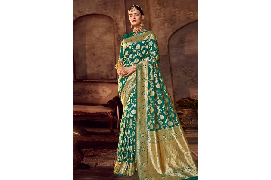 Green banarasi silk festival wear saree 96659