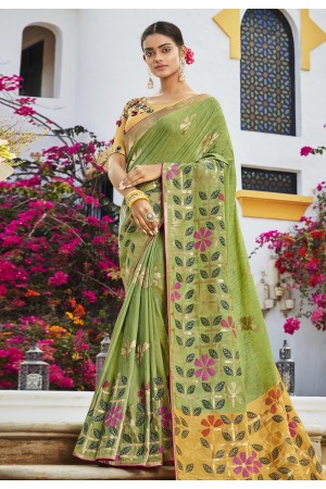 Green cotton jacquard festival wear saree 95782