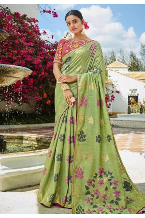 Green cotton jacquard saree with blouse 95785