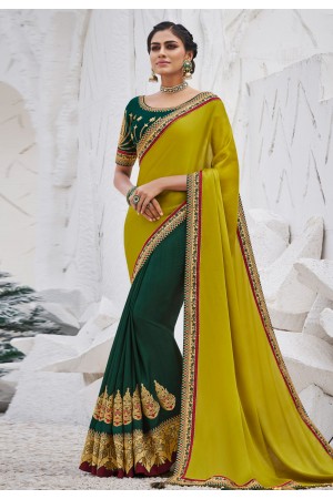 Green satin half n half saree 2611