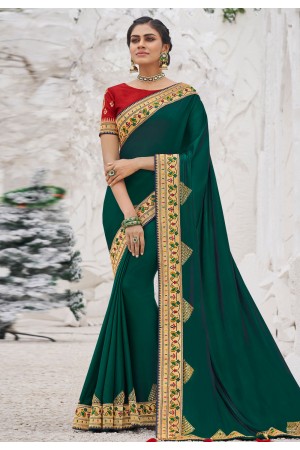 Green satin party wear saree 2602