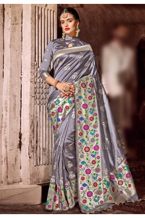 Grey banarasi silk festival wear saree 96655