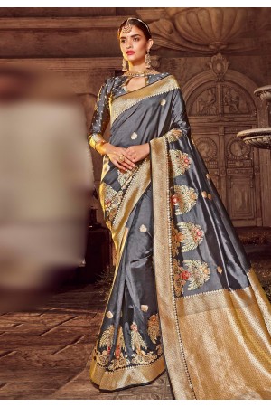 Grey banarasi silk saree with blouse 96670