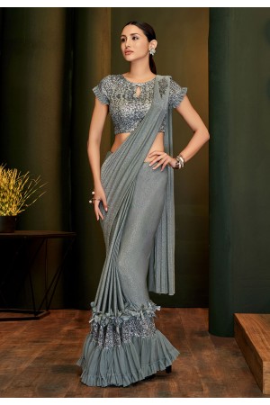 Grey lycra frilled party wear saree 5806