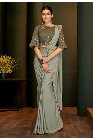 Grey lycra handwork festival wear saree 5813