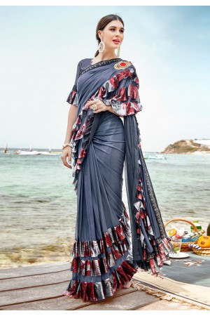 Grey lycra ruffle border saree with blouse 8862