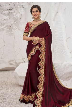 Maroon satin party wear saree 2601