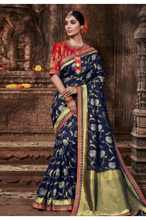 Navy blue banarasi silk festival wear saree 96645