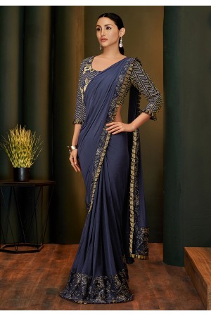 Navy blue lycra party wear saree 5821