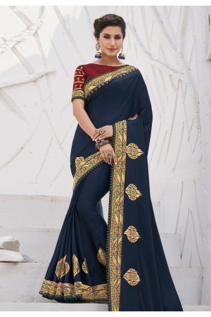 Navy blue satin party wear saree 2608