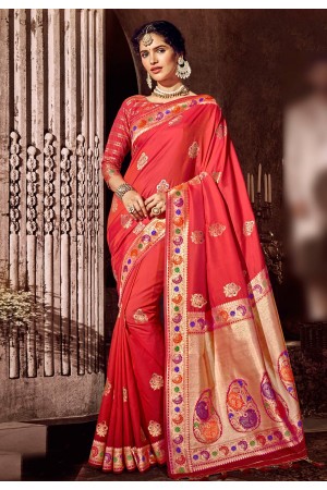 Pink banarasi silk saree with blouse 96674