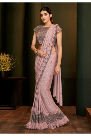 Pink lycra frilled party wear saree 5805