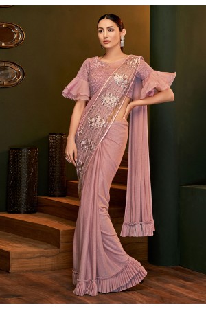 Pink lycra frilled party wear saree 5815