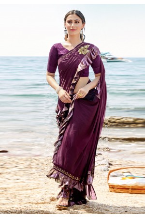 Purple lycra ruffle border festival wear saree 8859