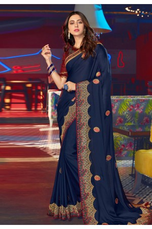 Rakul preet singh navy blue satin party wear saree 2003