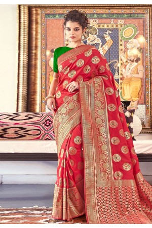 Red banarasi silk saree with blouse 203