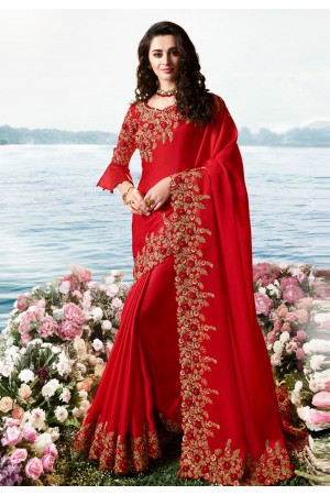 Red barfi silk festival wear saree 6204