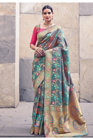 Teal green banarasi silk festival wear saree 202