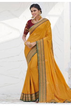 Yellow satin party wear saree 2614