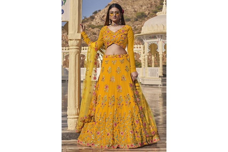 Mustard Yellow Glittering Sequins Georgette Wedding Lehenga Choli