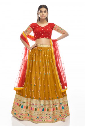 Mustard satin georgette a line lehenga choli 20008