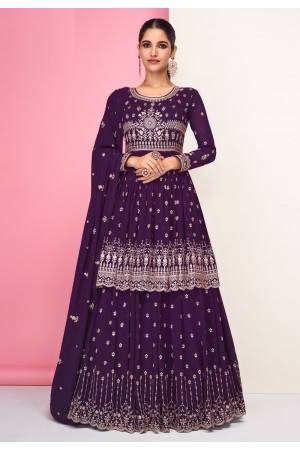 Purple georgette embroidered long choli lehenga 9303