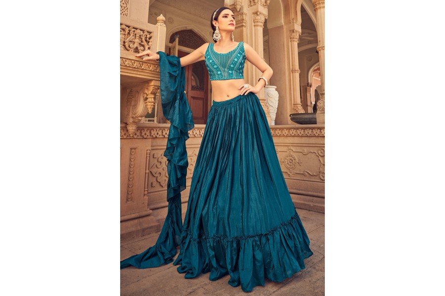 Ombre Teal Chinnon Embroidered Festive Lehenga Choli