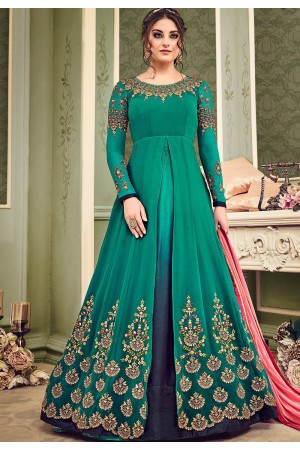 Bottle green and blue shaded geirgette wedding anarkali suit