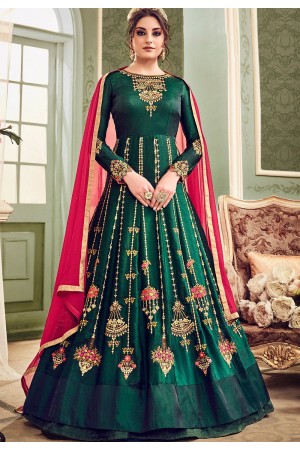 Emerald green color silk wedding anarkali suit