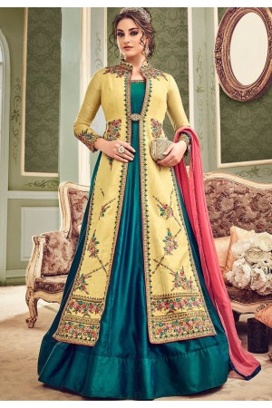 Peacock blue and mustard green koti style silk wedding anarkali suit