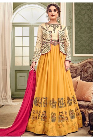 Yellow and cream color Koti style georgette and silk wedding anarkali suit