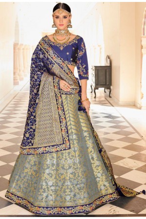 Grey and blue Indian banarasi silk wedding lehenga