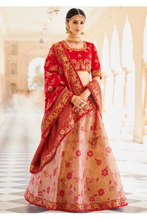 Peach and red banarasi wedding lehenga