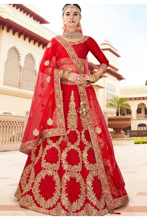 Red pure satin silk Indian wedding lehenga
