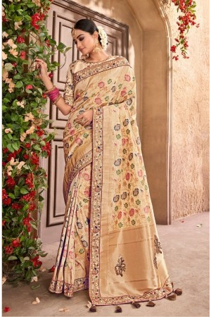 Gold and Cream Banarasi pure silk wedding wear saree