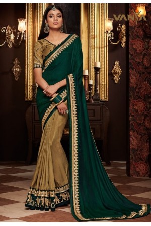 beige and pine green saree with silk blouse 1701