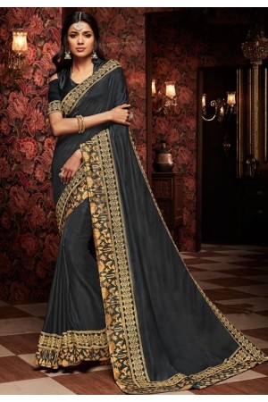 charcoal black saree with silk blouse 1718