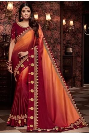 maroon and orange saree with silk blouse 1714