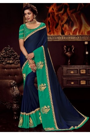 navy blue satin saree with embroidered blouse 10418