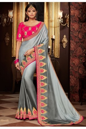 silver grey saree with silk blouse 1706